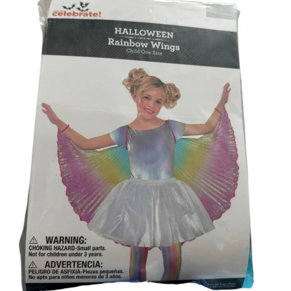 NWT Halloween Dress Up Party Costume Girls Rainbow Fabric Wings One Size